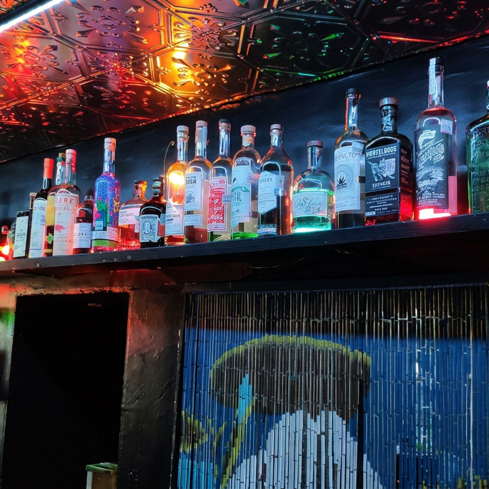 Dimly lit bar interior with liquor bottles, colorful lighting, ornate mirrored ceiling, and a beaded mural beneath the shelves.