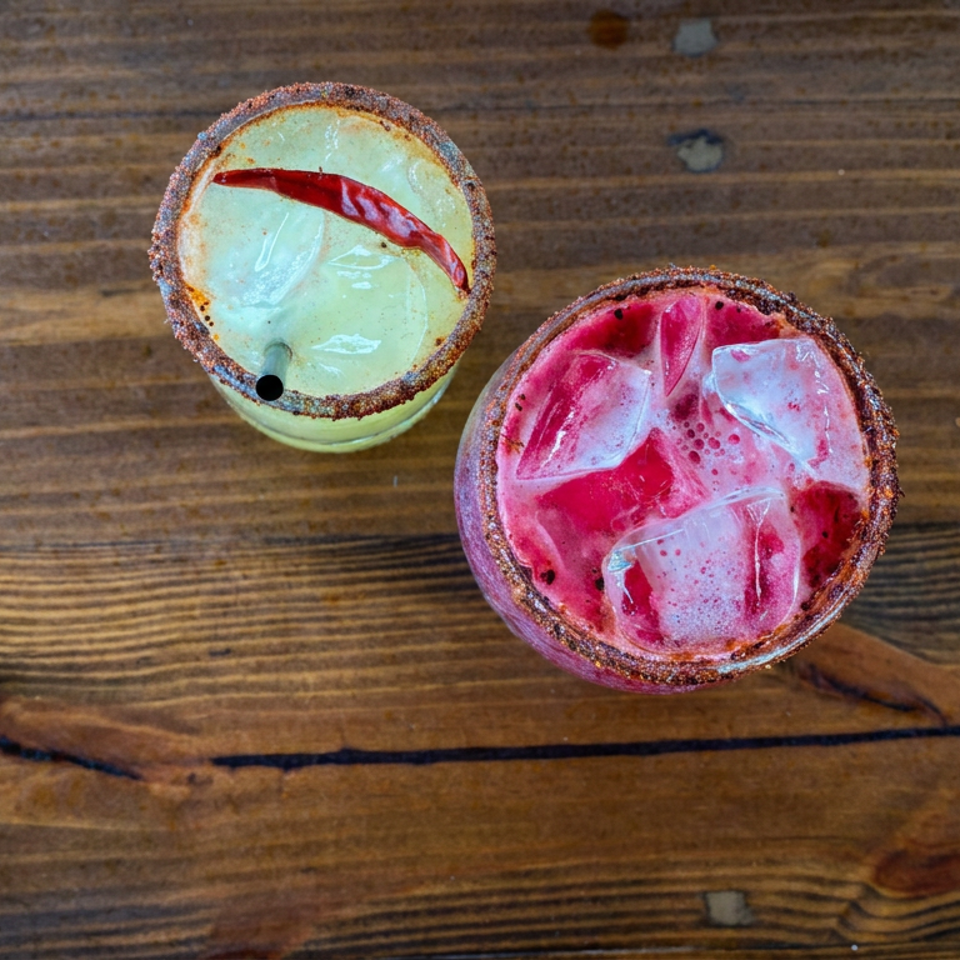 Two colorful cocktails with sugared rims, ice, and fruit garnishes sit on a rustic wooden table.