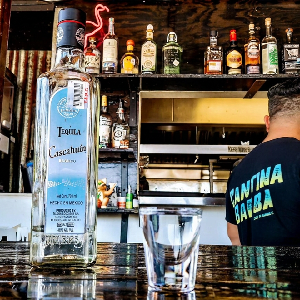 Taquería bar counter featuring a Cascahuín tequila bottle, shot glass, liquor shelves, and bartender wearing a Cantina Bárbara shirt.