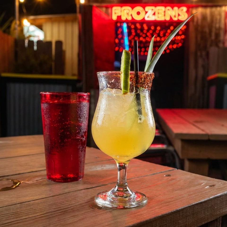 Yellow cocktail and red drink on a rustic wooden table at a warmly lit restaurant patio.